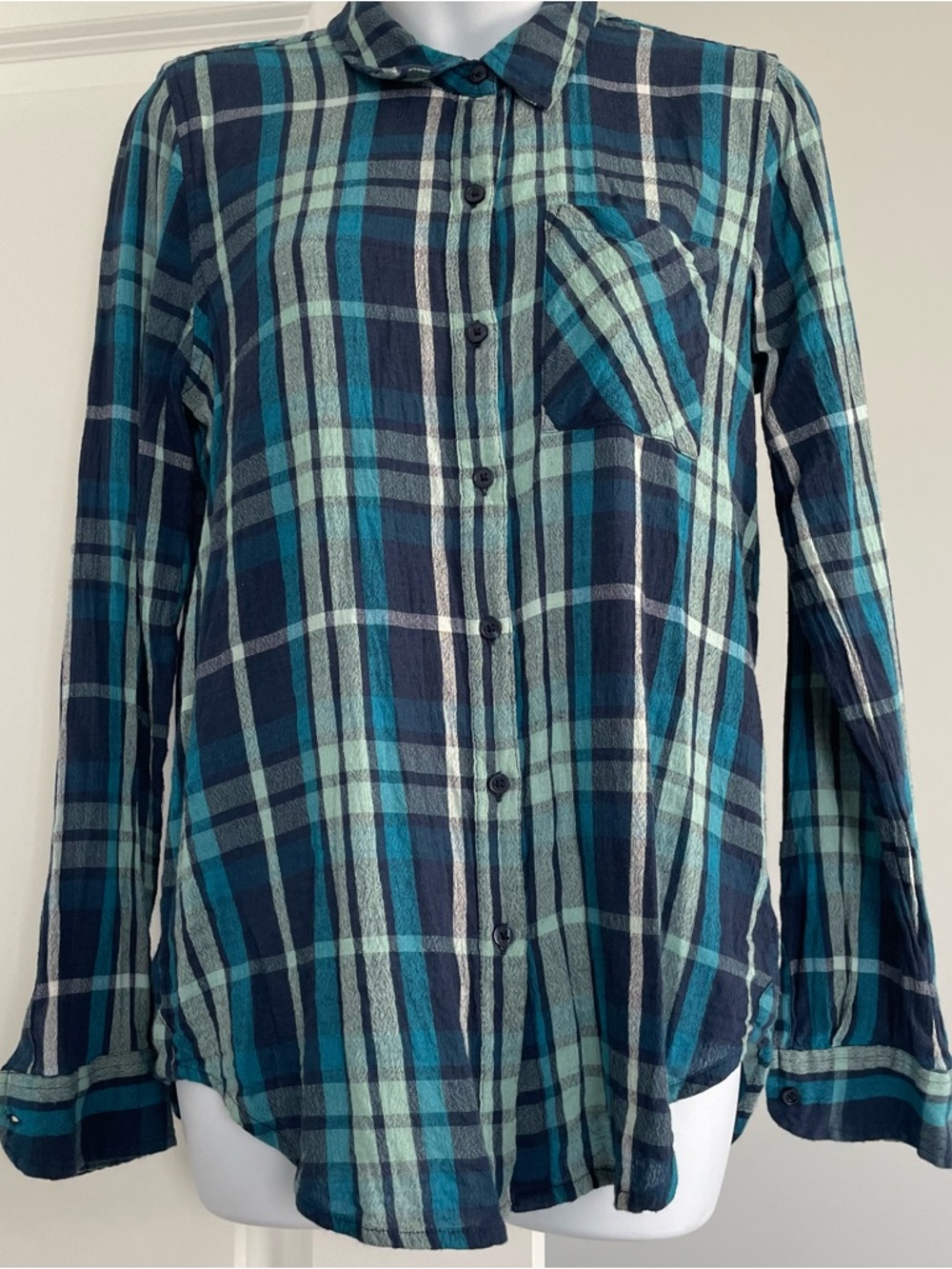 Lucky Brand Navy, Teal & Mint Plaid Button-Up Shirt
